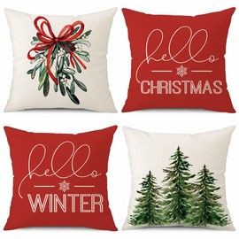 Sungeek Set of 4 Christmas Cushion Covers, Linen Decorative Cushion Covers, Santa Claus Cushion Cover, Decorative Cushion Cover for Sofa, Couch, Bedroom, Living Room (40 x 40 cm, Hello Winter)