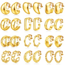 WAINIS Gold Silver Clip on Earrings 14K Gold Plated Chunky Hoop Clip Earrings Trendy Clip on Hoop Earrings for Women Non-Pierced Fake Jewelry Gold