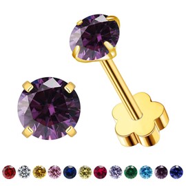 VDKIDKT Flower Screw Back Birthstone Stud Earrings for Women Girls, 3mm G23 Tiny CZ Flat Back Stud Earrings, Screw Back Helix Earrings (Gold, 2.Feb-Amethyst)