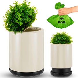 Jingmore Dog Poop Trash Can Outside 13 L/ 3. 4 Gal Dog Waste Trash Can with Lid, Plant-styled, Double-layer Design, Outdoor Garbage Container for Front Porch Backyard Office Patio(White)