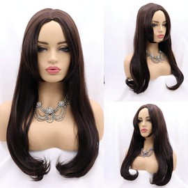Brown Synthetic Wigs for women Long Natural Wavy Wig with Bangs Heat Resistant Replacement Wig Full Machine Made 18 inches