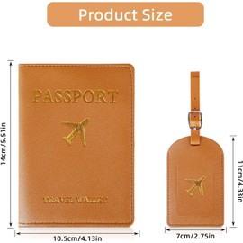 Passport Case, 2 Pieces (1 x Passport Protective Cover + 1 x Suitcase Tags), Passport Case Made of Brown Faux Leather with Gold Print, Men's Passport Holder for Credit Cards, ID and Travel Documents
