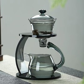 Fire Kirin Glass Teapot Set Semi Automatic Drip Rotating with Infuser Chinese Heat-Resistant Lazy Kungfu Tea Set (Grey)