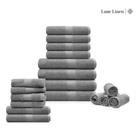 LANE LINEN Cotton Bath Towels for Bathroom Set-18 PC Bathroom Towels Set-4 Large Bath Towels, 6 Hand Towels for bathroom, 8 Wash Cloths for your body, Soft Turkish Towel sets for Bathroom - Space Grey