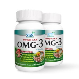 CMD - OMG-3 - Con Aceite de Pescado, Oliva, Linaza y Crtamo - Omega 3, 6 y 9 - Suplemento Alimenticio - 2 Frascos de 60 Cpsulas cu                    