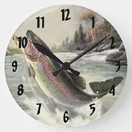ArogGeld Rainbow Trout Fish Wall Clock Fisherman Fishing Wooden Round Clocks Wall Decor 15 Inch Battery Operated Decorative Wall Clock Silent Round Wood Wall Clock Hanging Clocks for Bedroom Living