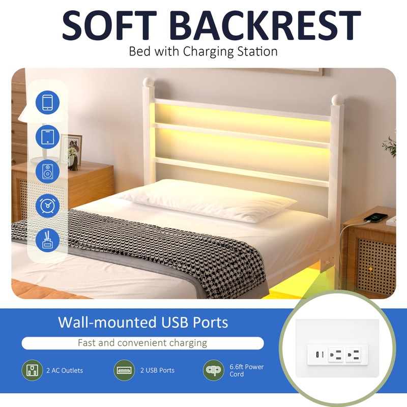 J.Fkne Twin Bed Frame with LED Lights & Charging Station,