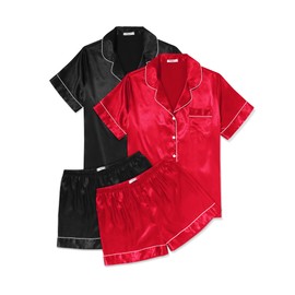 Ekouaer Pajamas for Women Silk Soft Sleepwear Short Sleeve Button Down Pjs Satin Top and Shorts 2 Piece Lounge Set