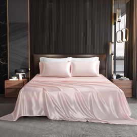 NA HommxJF 4PCS Blush Pink Satin Sheets Full Size Silky Sheets Sets Lightweight Soft Bedding Sets with 1 Flat Sheet+1 Deep Pocket Fitted Sheet+2 Pillowcases