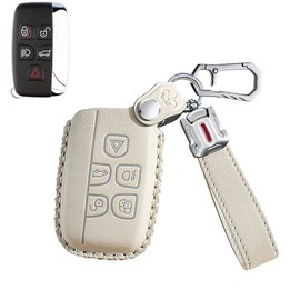 SANRILY Key Fob Cover Case for Land Rover Discovery LR2 for Range Rover Sport for Jaguar XF Keyless Remote Keychain Holder Cowhide Leather Key Protector Shell Off-White