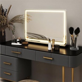 Vynxaria 13"×17" Vanity Mirror with LED Lights - Dimmable 3 Color Modes, Touch Control, Aluminum Alloy Frame, White Square Desk Makeup Mirror