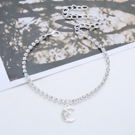 Wendalern Boho Tennis Ankle Bracelet for Women Silver Rhinestone Moon Star Anklet Diamond CZ Crescent Tennis Ankle Chain Summer Beach Foot Jewelry