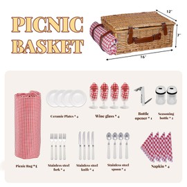 TOSTOOIRX Willow Picnic Basket Set for 4 with Large Insulated Bag and Waterproof Picnic Blanket，Utensils, Glasses, Wicker Picnic Hamper for Camping,Outdoor,Birthday, Valentine, Red