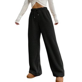 codcm Women's Fuzzy Lounge Pants Comfy Warm Fleece Pajama Long Pants Drawstring Elastic Waist Wide Leg Bottoms(Black,Small)