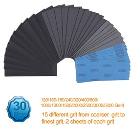 Wet and Dry Sanding Paper,Hoiny 30-Sheet 120 to 5000 Sandpaper,9 * 3.6"Abrasive Paper Sheets Black High Grit Sanding Paper for Wood Furniture Finishing, Metal Sanding and Automotive Polishing.