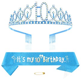 Blue 10th Birthday Crown and Sash Girls 10th Birthday Decoration Rhinestone Birthday Tiara Princess Crown Queen Tiara Birthday Sash Girls 10th Birthday Decoration Party Clothing Accessories