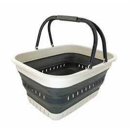 SAMMART 26L (6.8 Gallons) Collapsible Plastic Laundry Basket with Handle-Foldable Pop Up Storage Basket with handle (Grey/Washed Black)