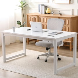 Large Computer Desk - 63 Inch Home Office Desks Study Student Writing Table Gaming Desk Wood Modern Simple Table with USB Ports, White