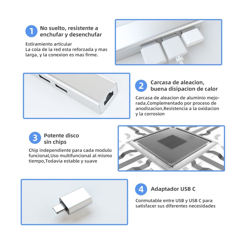 (con Adaptador USB C) 4 En 1 Adaptador USB Ethernet,