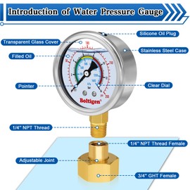 Boltigen 0-200 Psi Water Pressure Gauge, 3/4" GHT Female Thread, Oil Filled, Home, Industrial, Garden Use