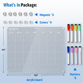 LANDNEOO Acrylic Fridge Calendar, Magnetic Monthly Planner with 8 Color Markers, Clear Dry Erase Board for Events/Meetings/Shopping Lists - 14.5 * 11.5''