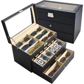 3 Layers 12 Slots Watch Boxes and Pieces Eyeglasses Sunglasses Storage Black Leather Sunglass Display Case Organizer for Women Men