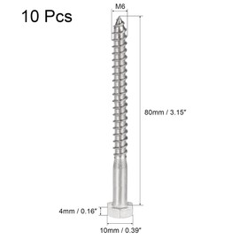 sourcing map Hex Lag Screws, M6 x 80mm 304 Stainless Steel Half Thread Self-Tapping Bolts for Wood Screw 10Pcs