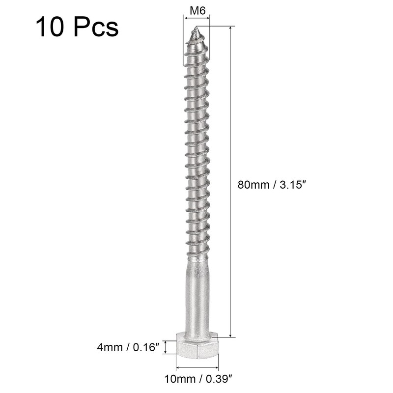 sourcing map Hex Lag Screws, M6 x 80mm 304 Stainless
