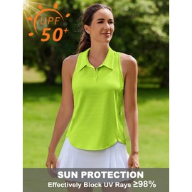 PINSPARK Womens Golf Shirts UPF 50+ Sleeveless Tennis Tshirts Moisture Wicking Sports Shirts V Neck Collared Athletic Tank Tops,Neon Green Small