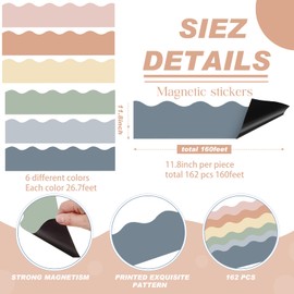 Tenceur 160 ft x 2.76 Inch Large Magnetic Bulletin Board Borders Bulletin Boarder Trim for Whiteboard Decorations Scalloped Trim Colorful Office Home Use Spring Summer Decor(Neutral Boho Color)