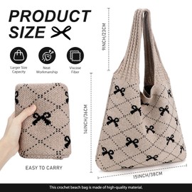 KPX Crochet Tote Bag, Beach Mesh Knitted Bag Large Aesthetic Shoulder Bag Handbags Hollow Hobo Bag for Women Summer, Black, Bow Style