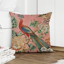BRUYU5SE Manor Blush Chinoiserie Bird Pillowcase Hydrangea Peacock in Coral Pillows 16x16 INModern Accent Square Couch Sofa Cushion Covers for Couch Sofa Bedroom Car
