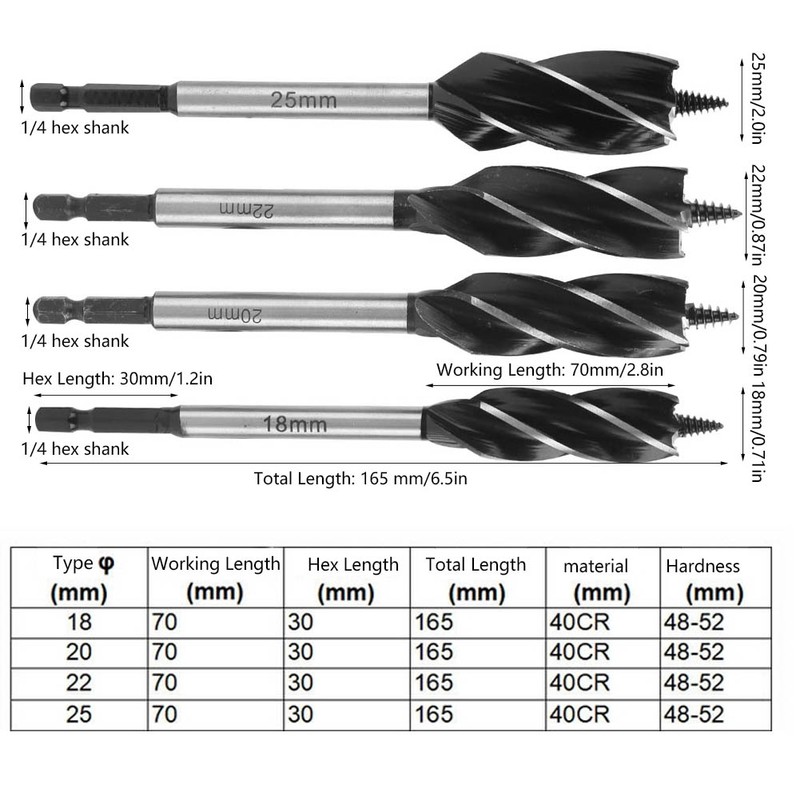 4Pcs Auger Bits Wood Cutting Hole Saw Reaming Twist Drill