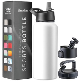 FineDine Triple Walled, Insulated Water Bottles with Straw - 32 Oz Stainless Steel Metal Bottle W/ 3 Leak Proof Lids - For Travel, School, Sports, Gym/Men, Women & Kids - Pure Pearly White