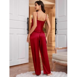 NYXBLOOM Tank Top silk Pajamas Sets for Women Cami Tops & pants 2 Piece Sleepwear（US X-Large） Red