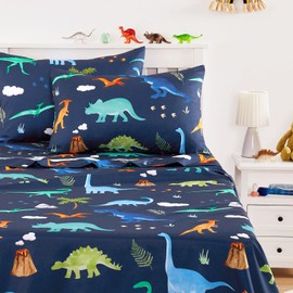 Wake In Cloud - Dinosaur Bed Sheets for Boys, 4-Piece Sheets Set Kids, Cute Jurassic Dinosaur Volcano Pattern Printed, Soft Lightweight Bedding, Deep Pocket, Navy Blue, Twin Size