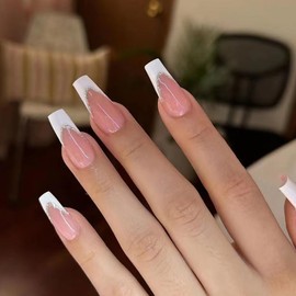 Pikabows Press On Nails Long Coffin Nude Silver Natural French Tip Fake Nails Acrylic False Nail Tips Kit Glue on Nails for Women