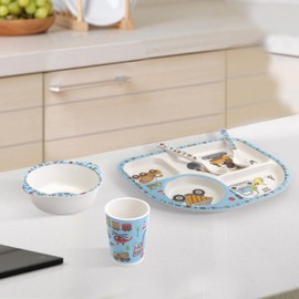 Kids Feeding Set 5 Pcs, Tableware Set for Toddlers Includes Plate Bowl Cup Fork and Spoon Utensil Flatware, Kids Flatware Set Dishwasher Safe, BPA Free (Construction)