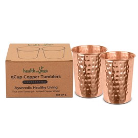 HealthAndYoga™ qCup Pure Copper Tumblers for Drinking - Ayurvedic Health Pure Copper Cups – 2 pcs. set - 250 ml.(8 fl oz) (Hammered)
