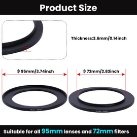Metal Step Up Ring Filter Adapter - 72mm to 95mm - Metal Ring Step Up Rings Adapter Filter Compatible with All 95mm UV, CPL, ND, Lens Hood, Threaded Lens ect