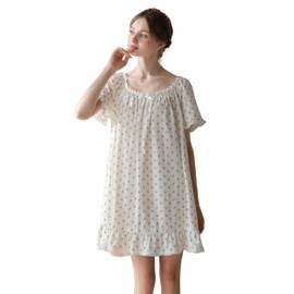 COSOSA Women's Cotton Nightgowns Vintage Lightweight Gown Sets Short Sleeve Princess Nightdress(Yellow Flowers,M)