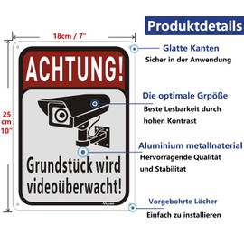 Achtung Videoüberwachung Sign 25 x 18 cm Aluminium Sign Achtung Grundstück wird videoüberwacht Metal Warning Sign Camera Surveillance Warning for CCTV Security Camera Signs for Home Business Pack of 2