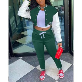 Fooullaide Women's Varsity Jacket Sweatsuit 2 Piece Tracksuit Crop Top Button Down Letterman Jackets Pants Sets