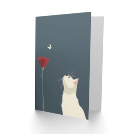 Artery8 Greeting Card Tulip Flower and Butterfly White Cat Lover Design Blank For Him Or Her Art Birthday Card