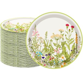 50Pcs Wildflower Paper Plates Flower Party Supplies 7" Floral Paper Plates Botanical Green Leaves Herbs Dessert Plates for Floral Theme Bridal Baby Shower Vintage Garden Decorative Party Decorations