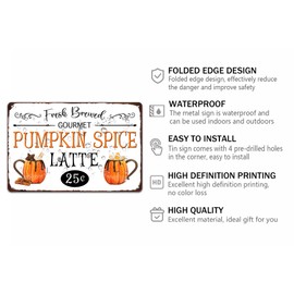 Fresh Brewed Gourmet Pumpkin Spice Latte Metal Tin Sign Decoration Fall Poster Sign for Home Kitchen Farmhouse Funny Thanksgiving Wall Decor 8x12 Inch