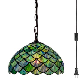 GILGGAK Tiffany Style Stained Glass Pendant Light Plug in, 12" Wide Fish Scale Design Hanging Lamp, 60 Inch Chain 15 Feet Cord Living Dining Room Bedroom Kitchen Home Office (Sea Blue)