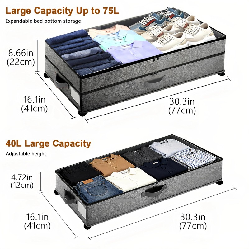 Meetue Under Bed Storage with Wheels, 2 Pack 75L Underbed
