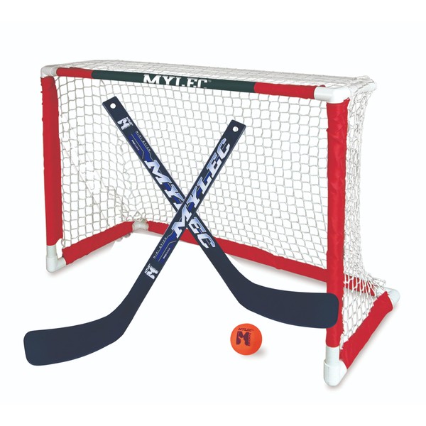Mylec MINI Hockey Set, 1 MINI Hockey Goal, 2 Plastic MINI Hockey Sticks, 1 MINI Hockey Foam Ball, MINI Sleeve netting system for plastic MINI pipes, Lightweight, MINIATURE, 30.5" x 23"