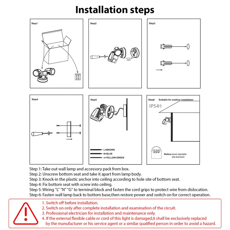 Motion Sensor Outdoor Lights 2-Head Wall Light with Infrared Induction